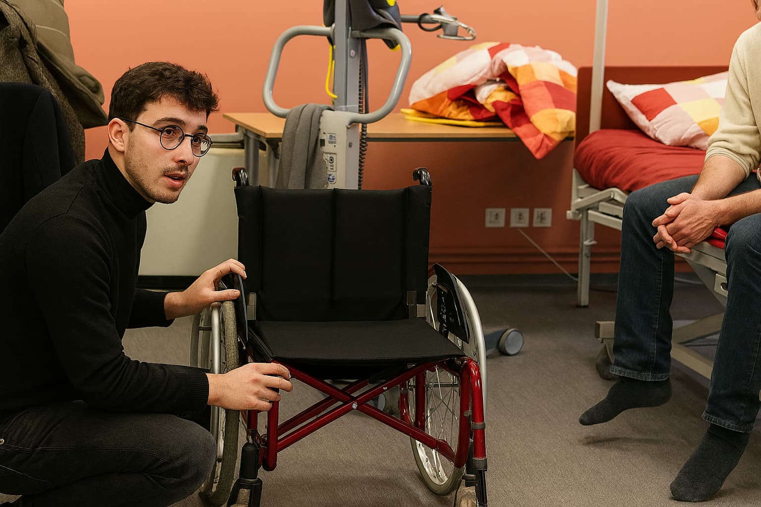 formation-fauteuil-roulant Un homme montre un fauteuil roulant dans une salle de formation.